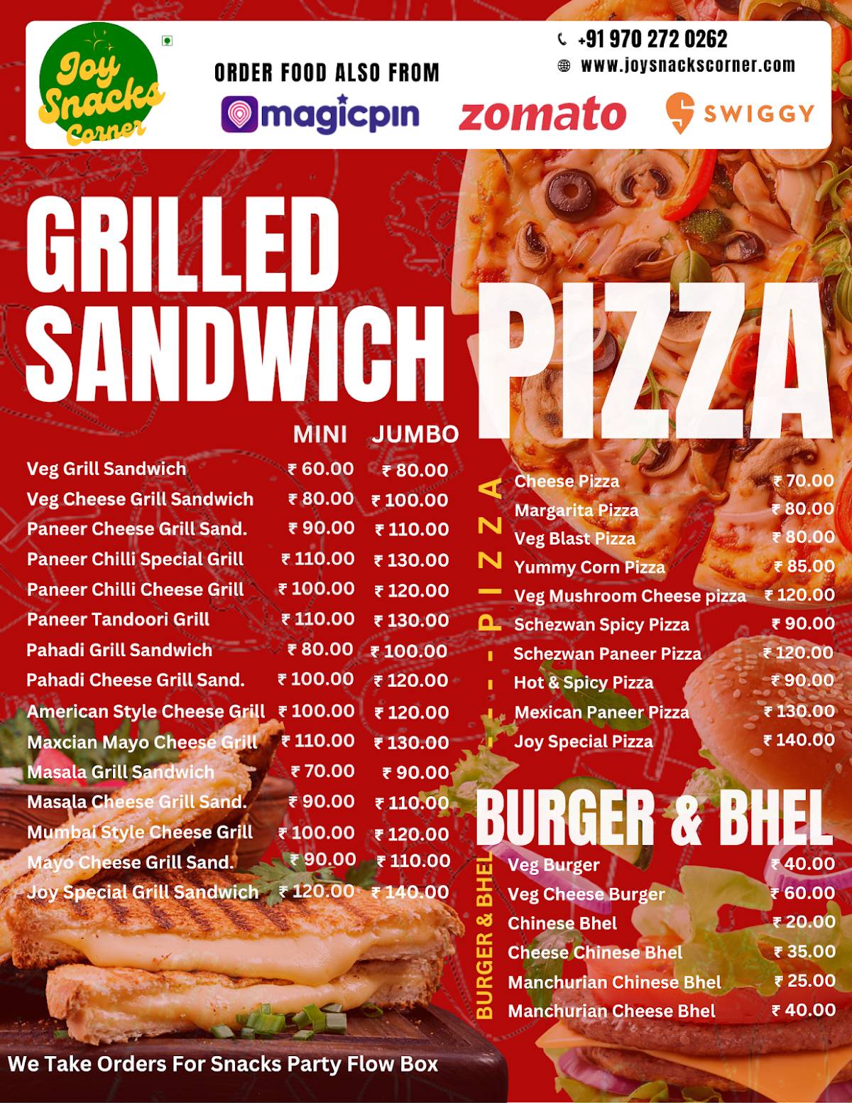 Joy Snacks Corner menu