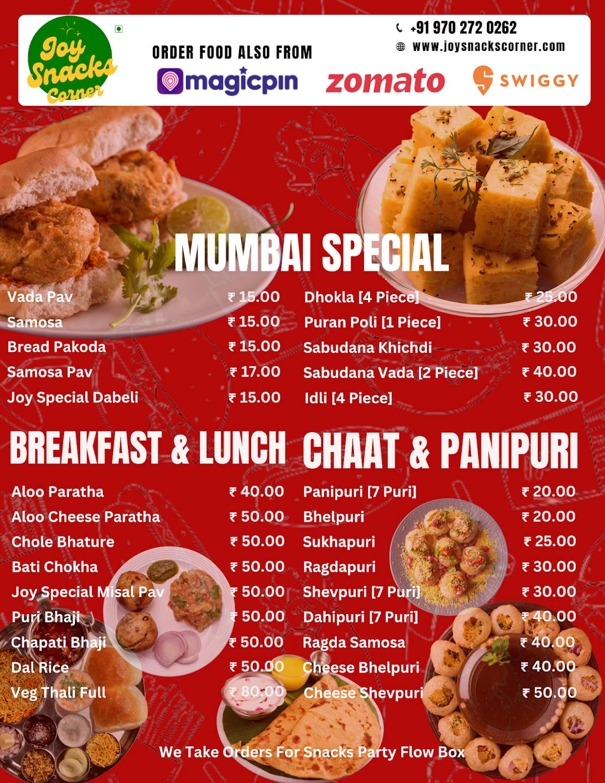 Joy Snacks Corner menu