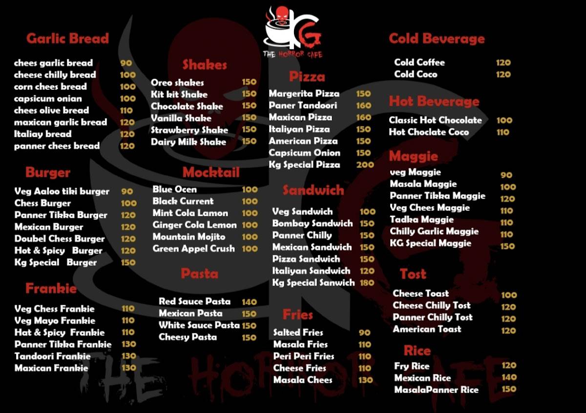 KG The Horror Cafe menu