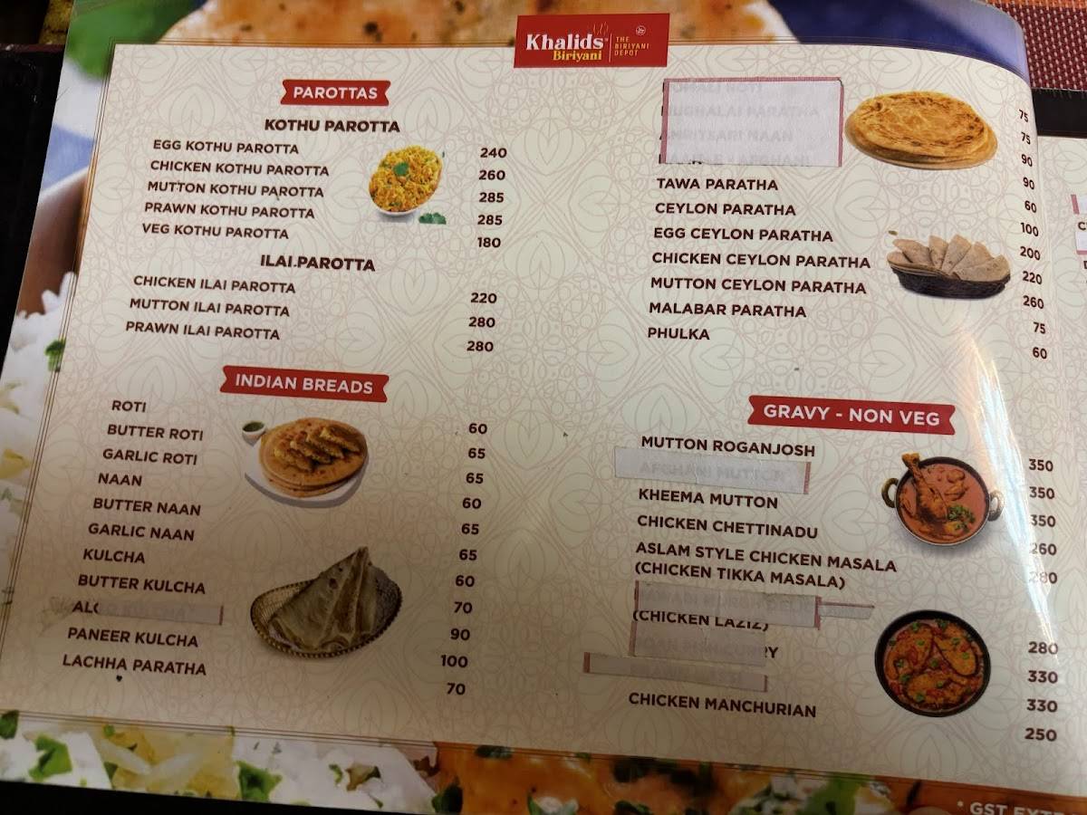 KHALIDS BIRIYANI BEST BIRIYANI RESTAURANT IN MADURAI 218, Theni Main Rd, Kalavasal, Madurai, Tamil Nadu 625016 menu