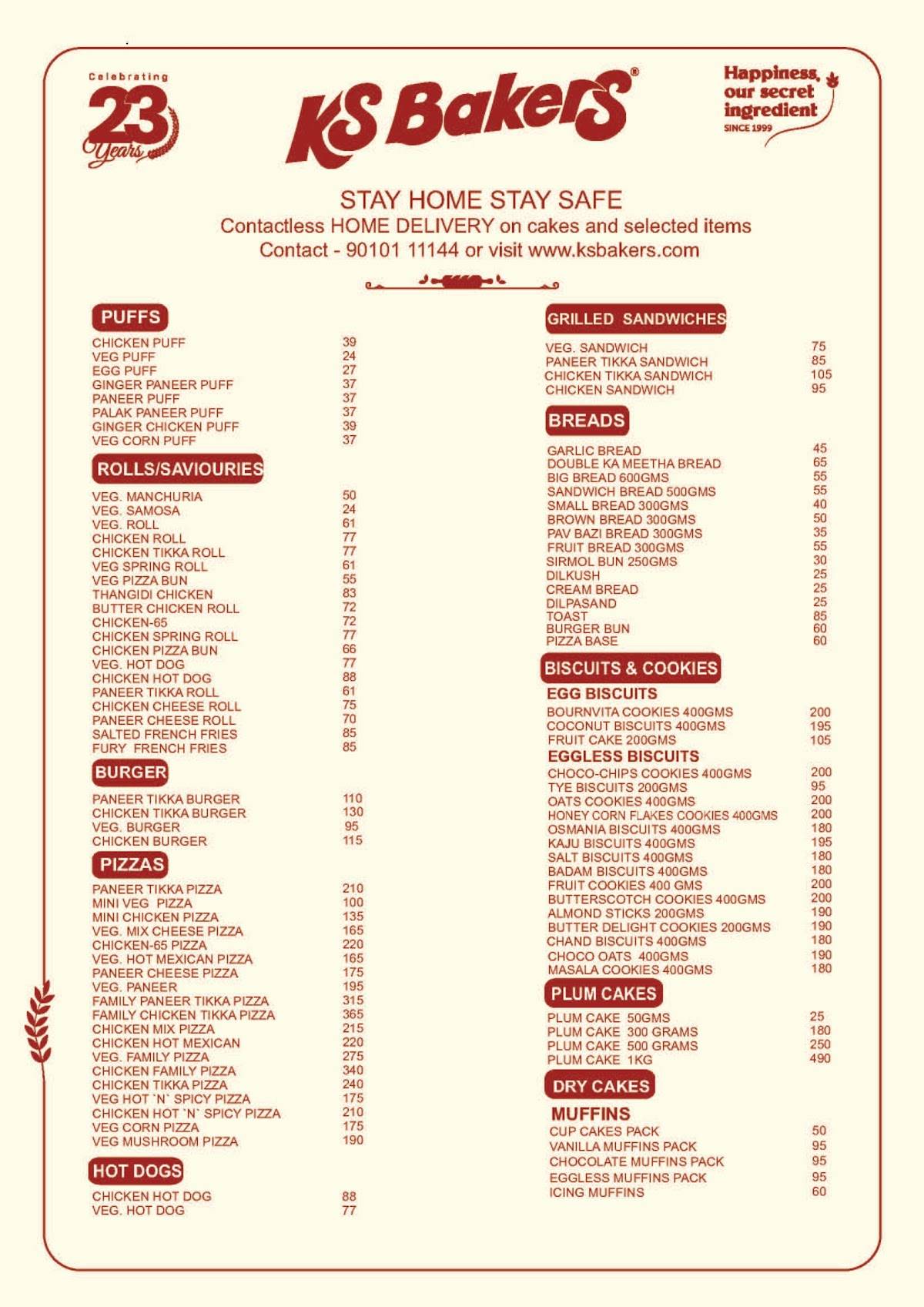 Menu at KS Bakers, Hyderabad, Kondapur Main Road