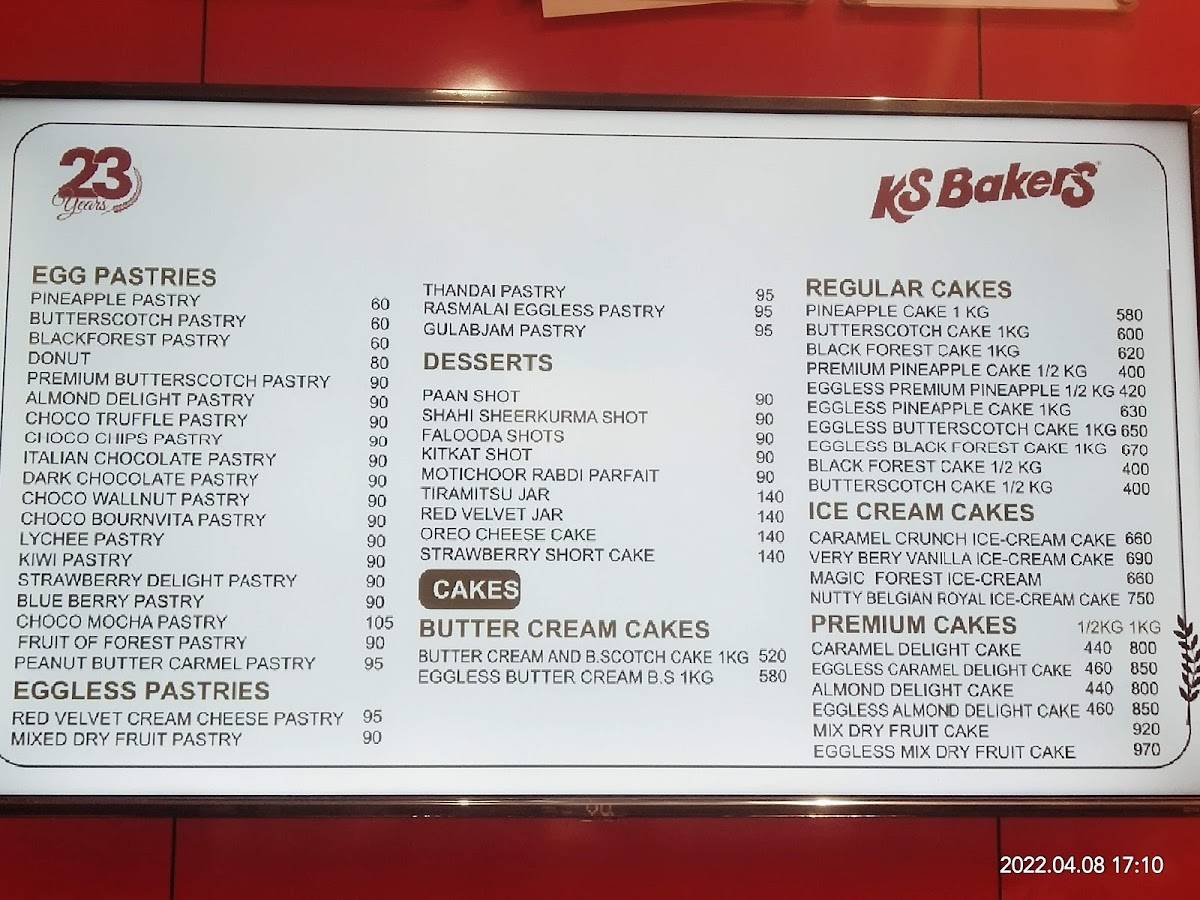 Menu at KS Bakers, Hyderabad, Kondapur Main Road