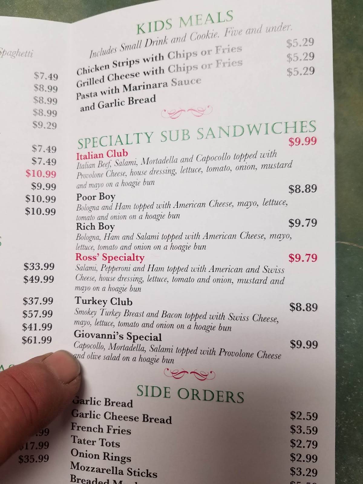 Menu at Giovanni's Italian Deli/Pasta restaurant, Gladstone