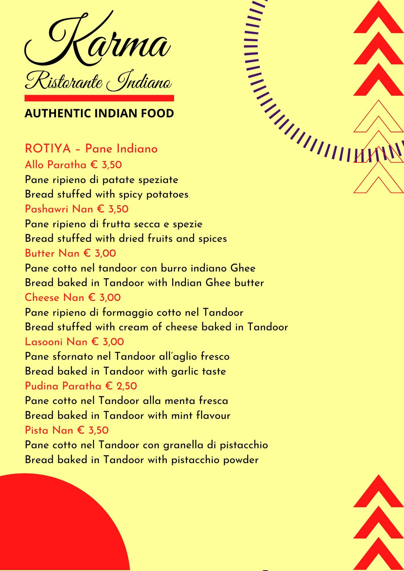 Menu di Karma Ristorante Indiano 