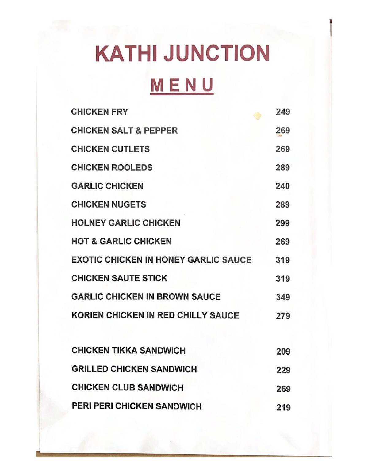 Kathi Junction - Dine in Restaurant menu