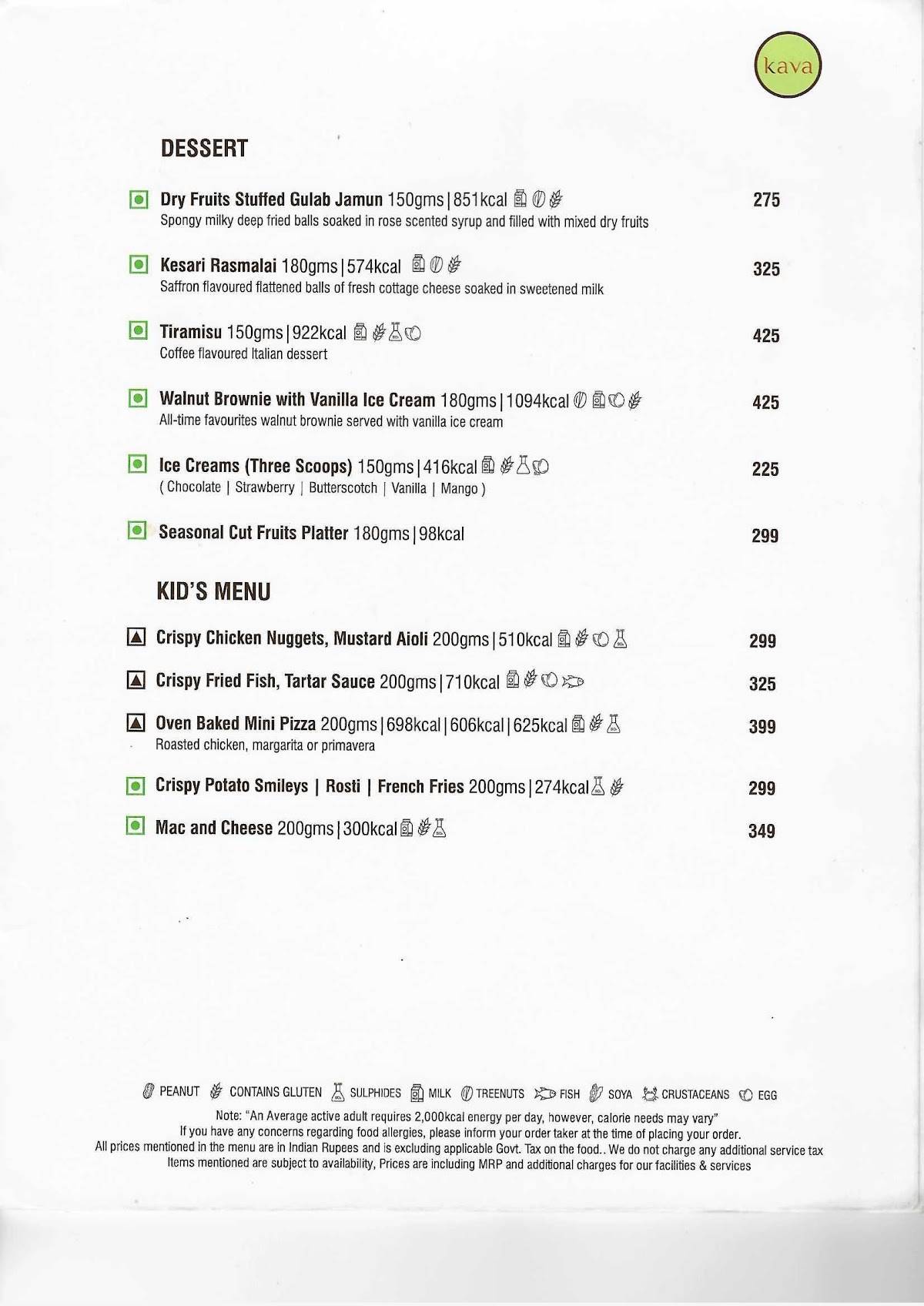 Kava Grill & Lounge menu