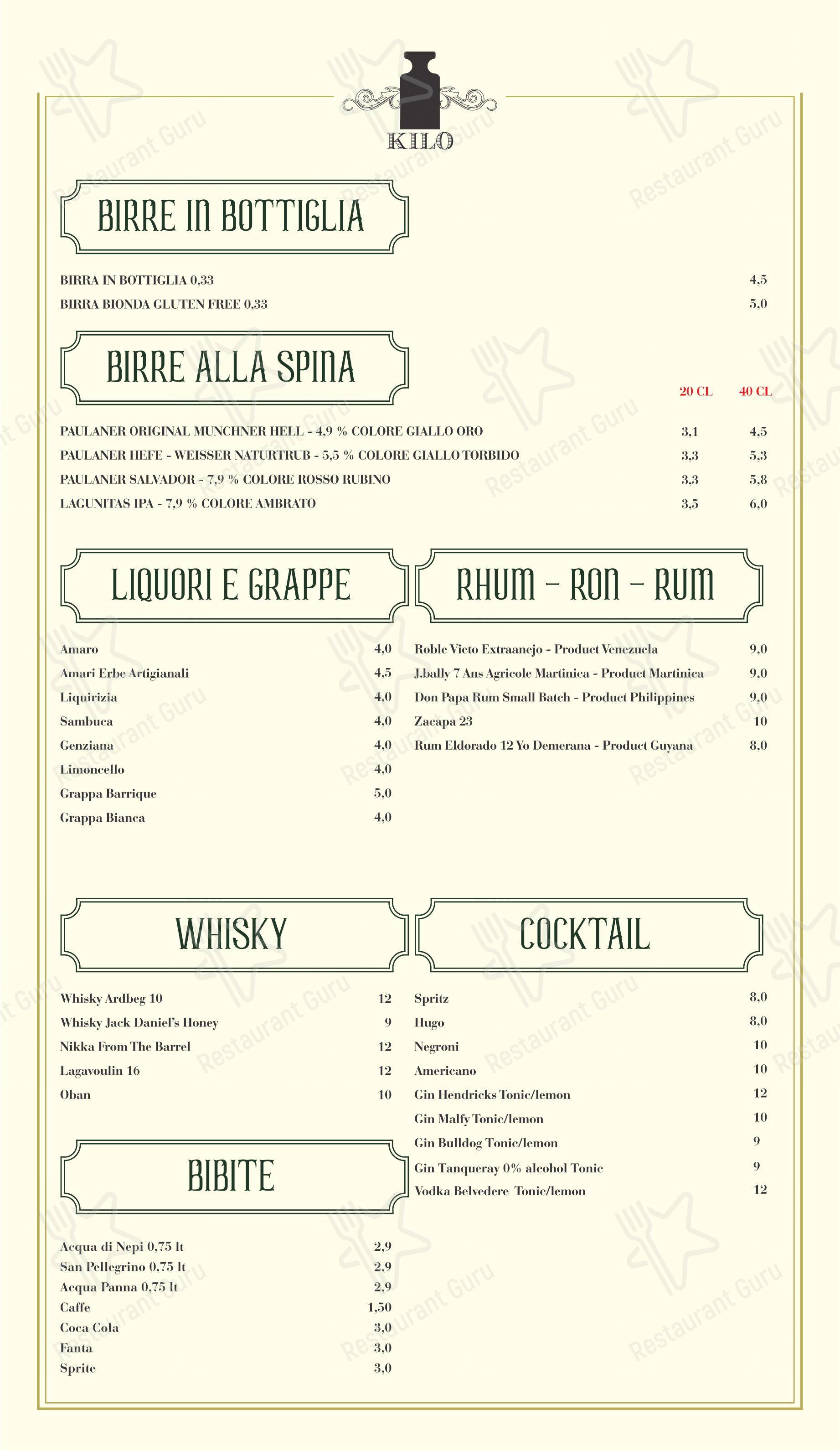 Menu bar pour Kilo Restaurant dans Rome