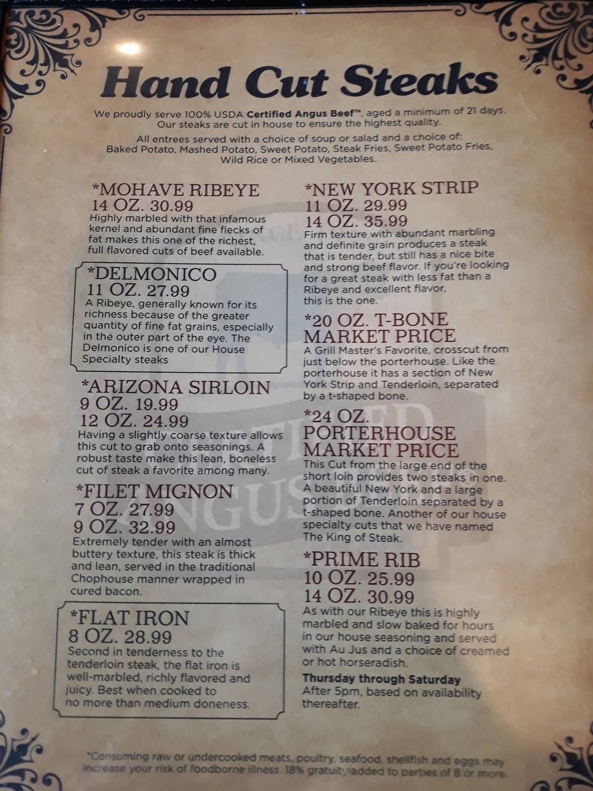 Menu at Kingman Chophouse steakhouse, Kingman