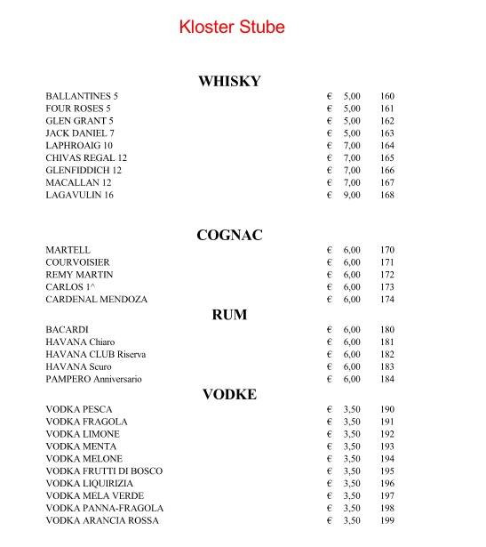 Menu di Kloster Stube 