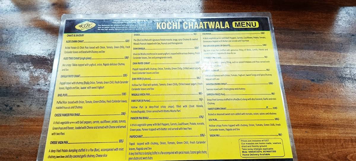 Kochi Chaatwala menu