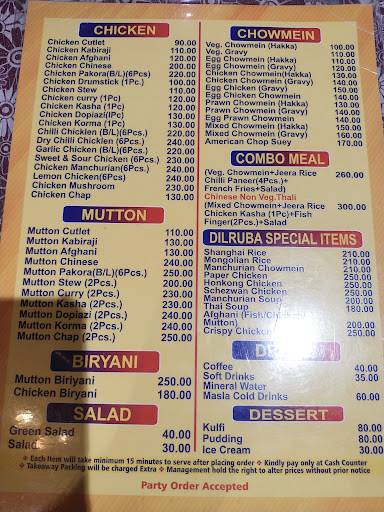 Dilruba Restaurant menu