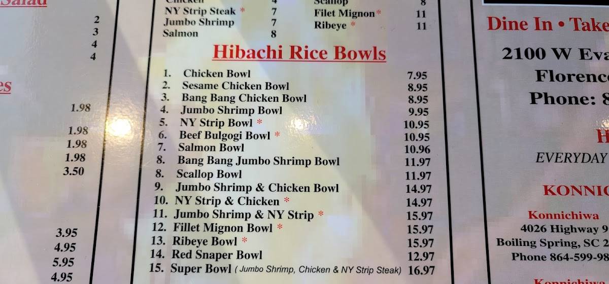 Menu at Konnichiwa restaurant, Florence