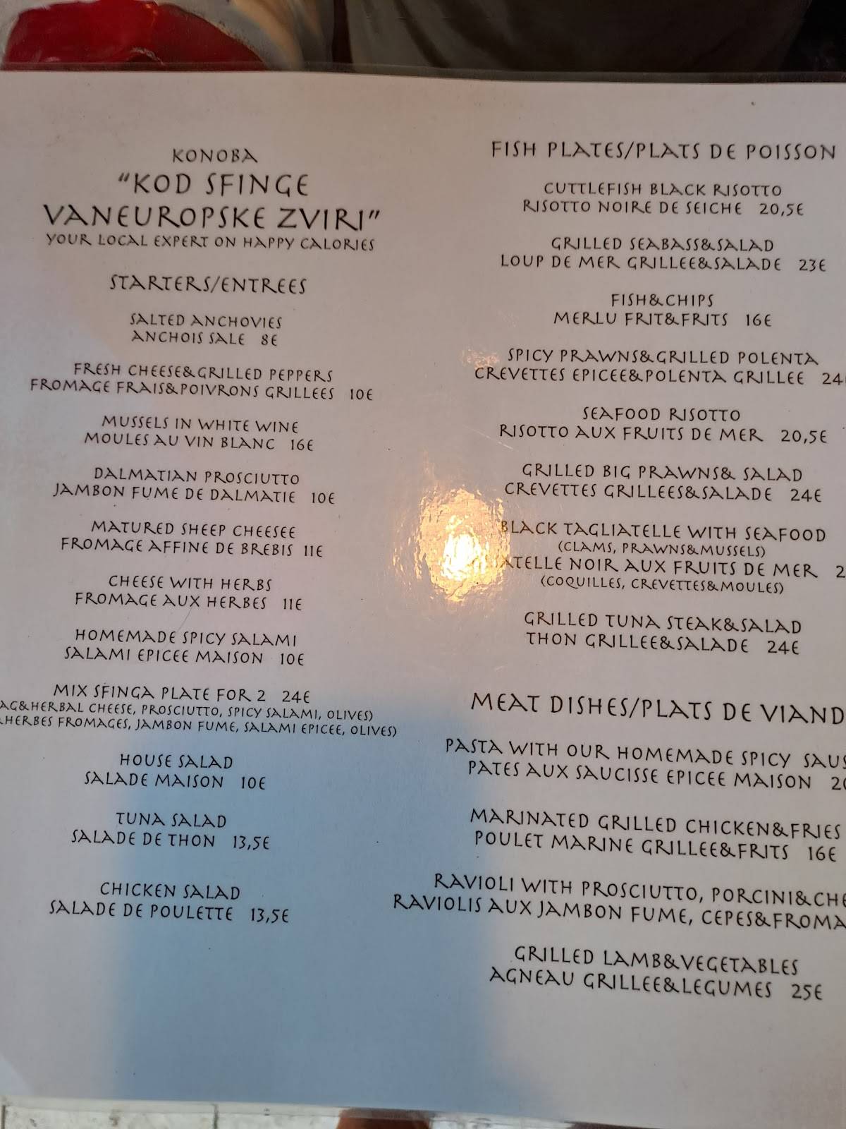Menu di Konoba "Kod sfinge vaneuropske zviri" 