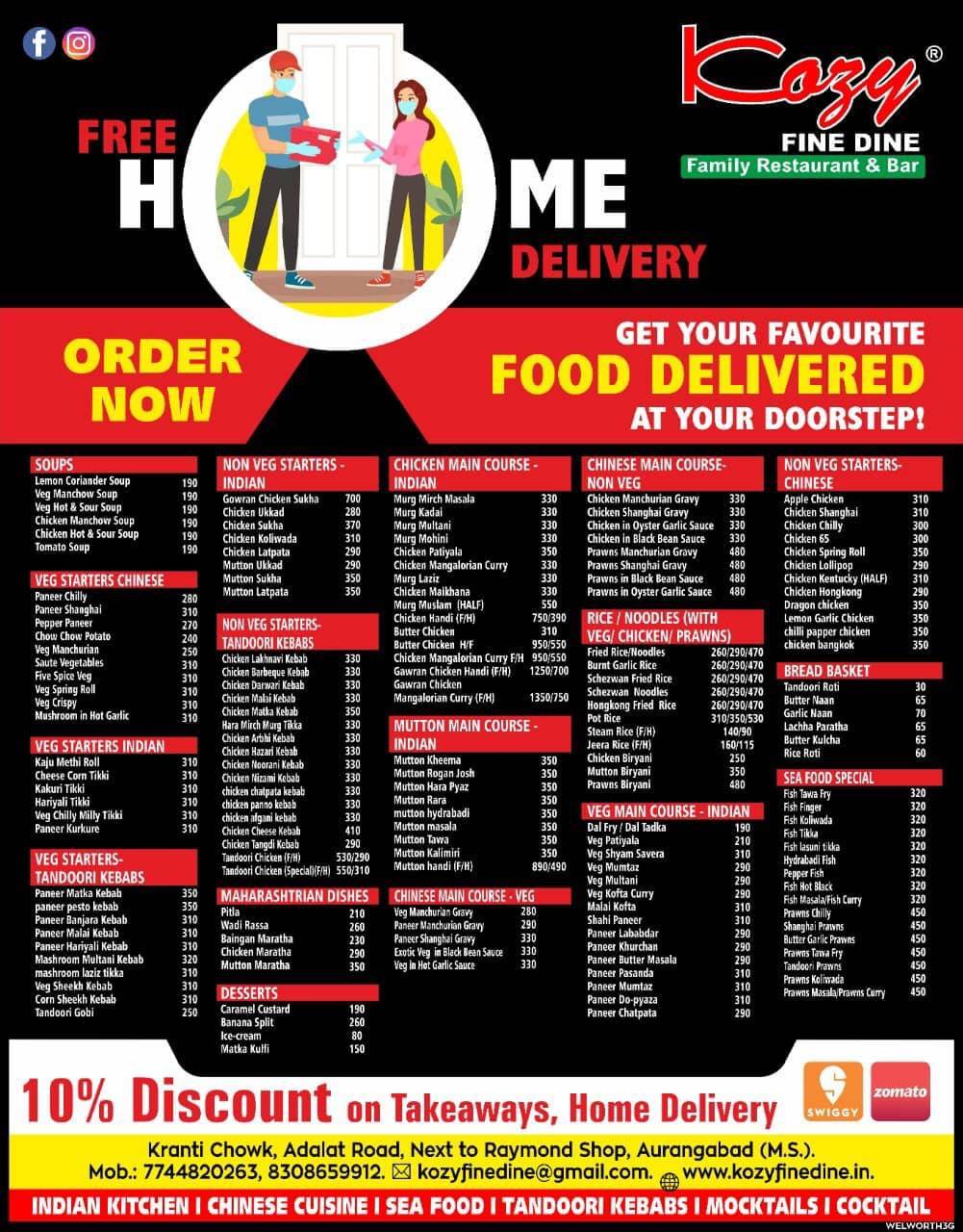 Kozy Fine Dine Restaurant & Bar menu