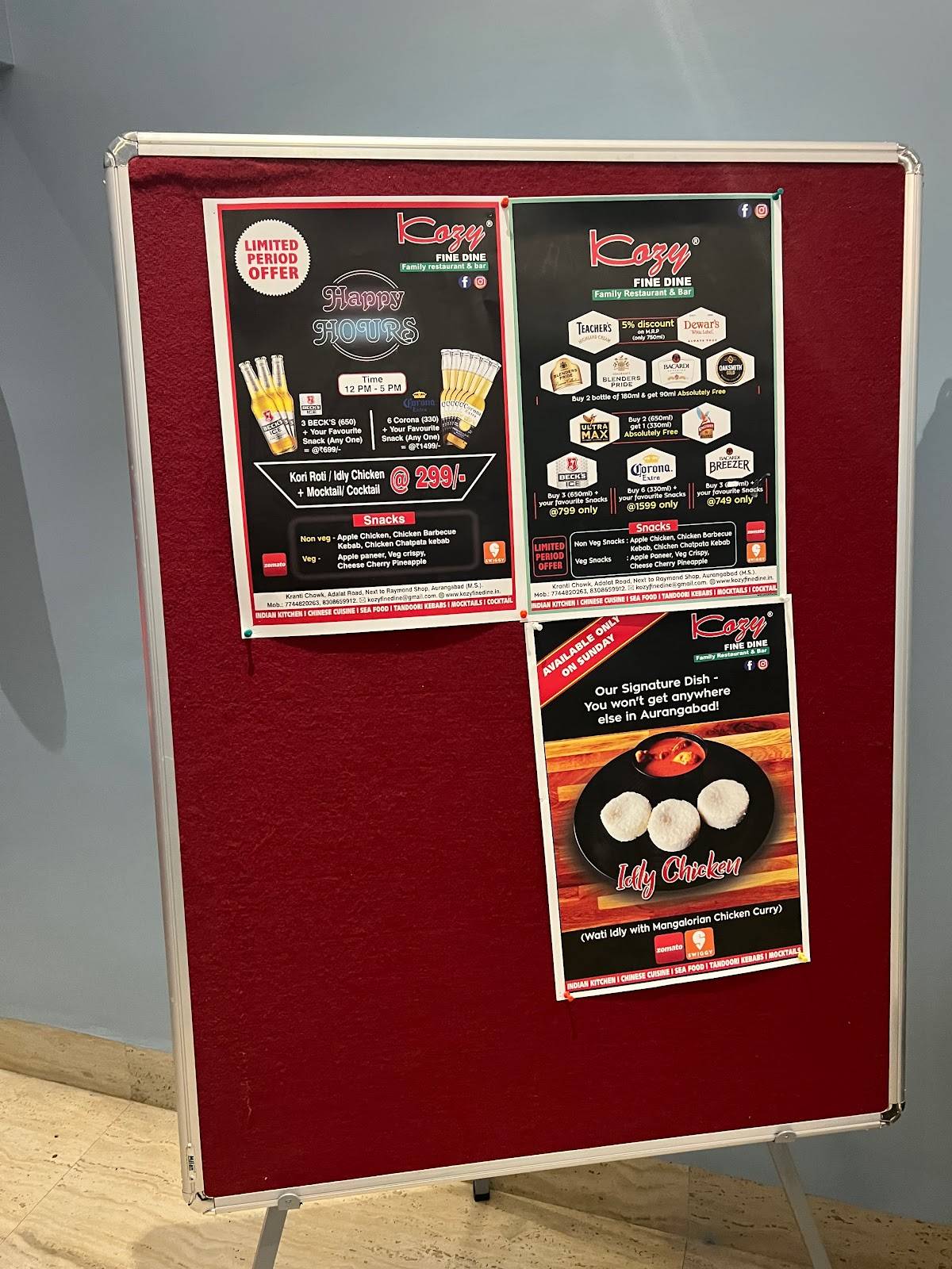 Kozy Fine Dine Restaurant & Bar menu