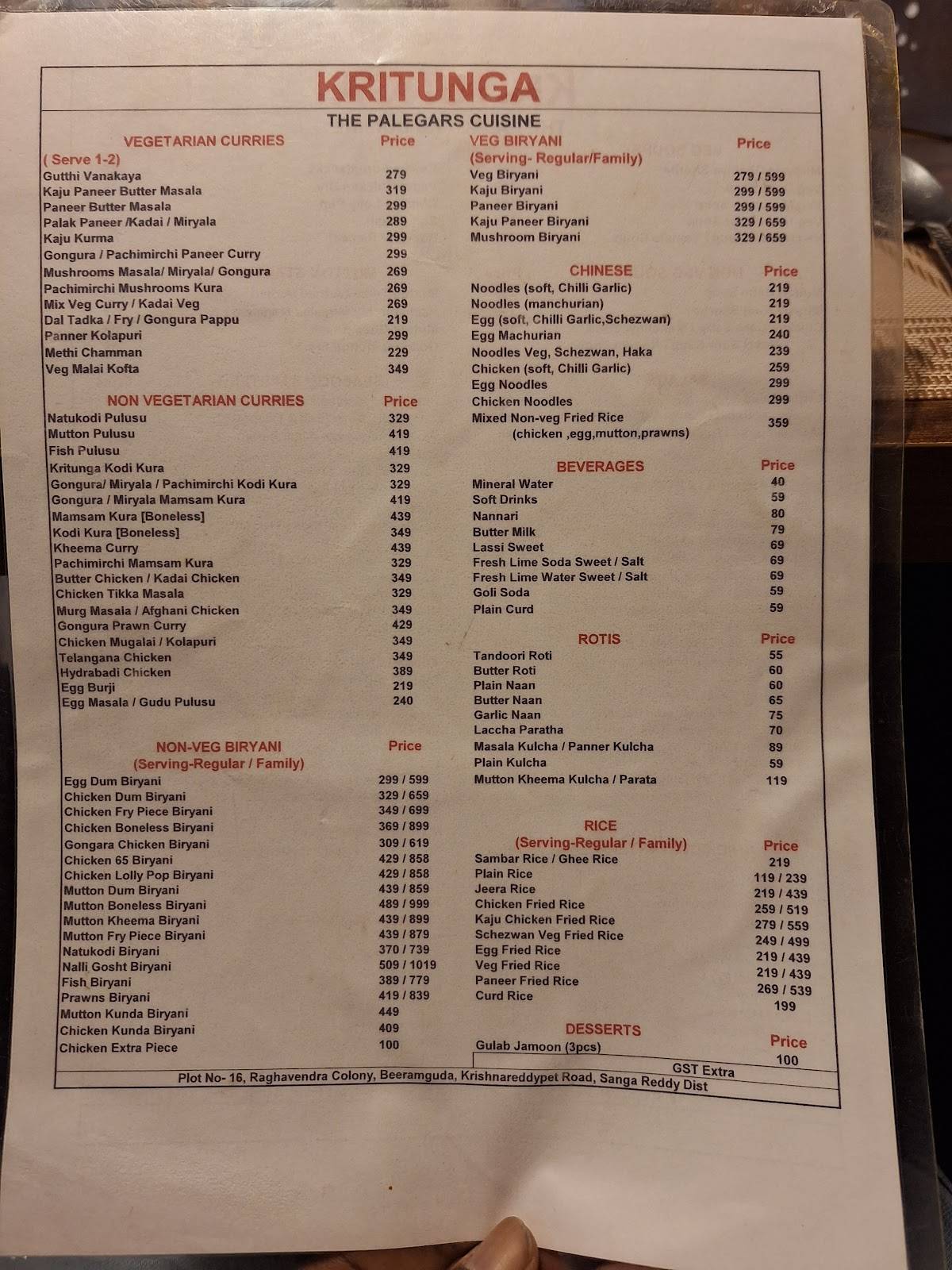 Kritunga - The Palegar's Cuisine menu