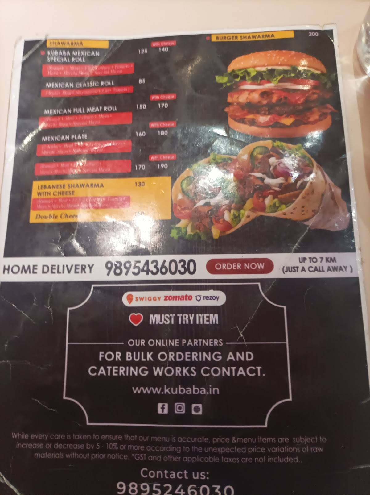 Kubaba Food Park menu