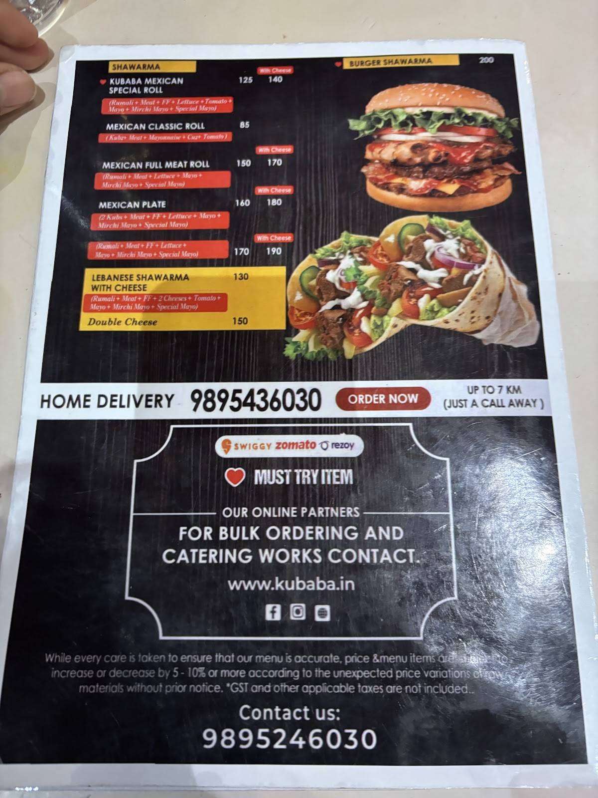 Kubaba Food Park menu