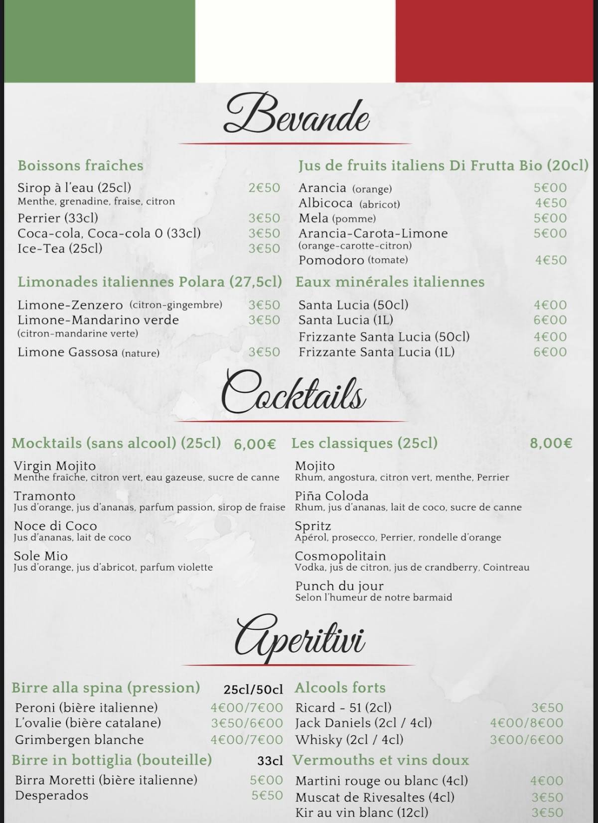 Menu de L'Amici