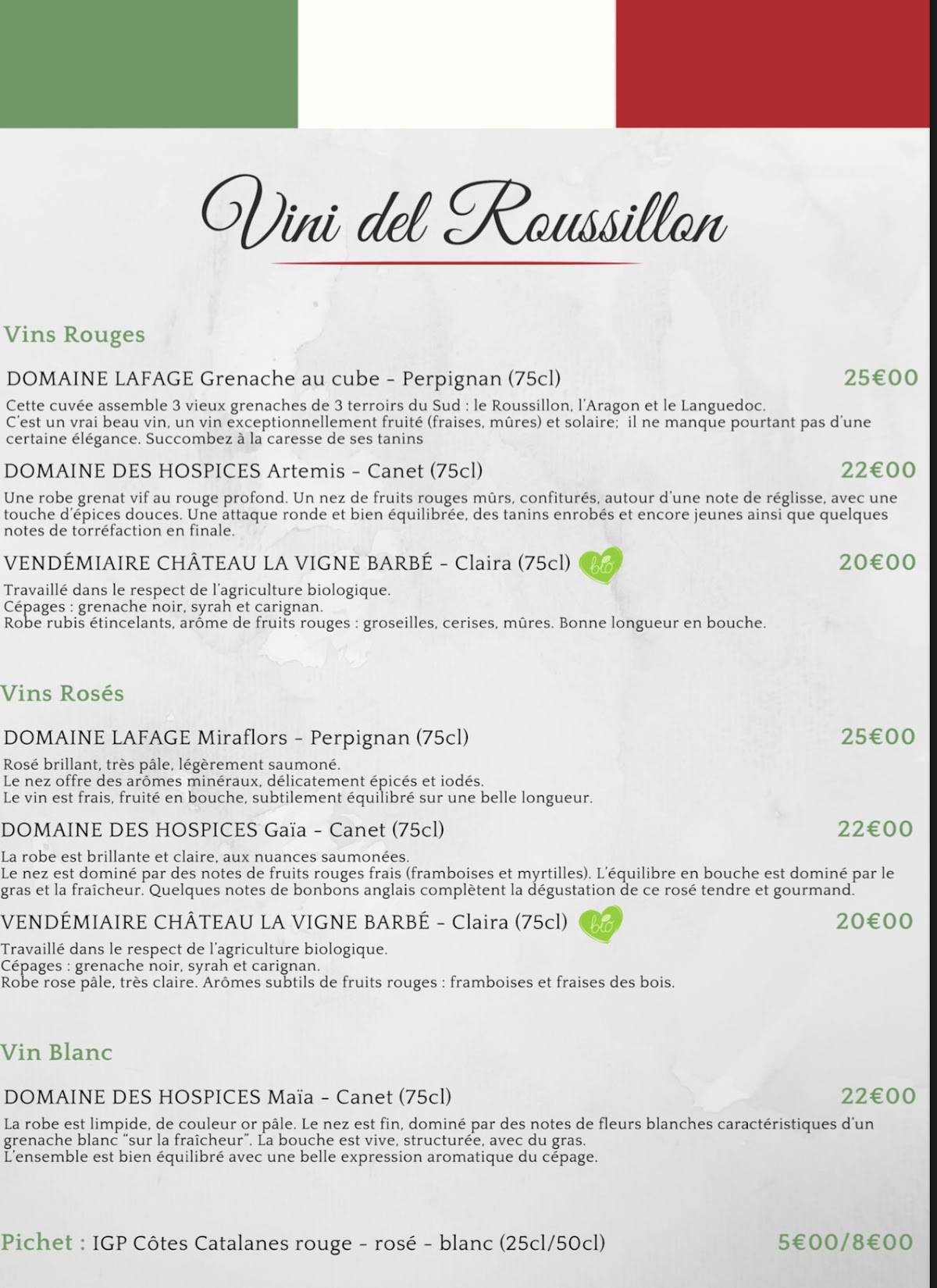 Menu de L'Amici