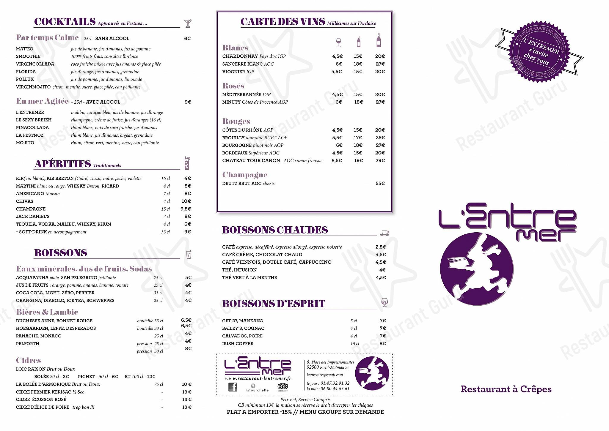 Dinner Menu pour L'Entre mer - Restaurant Rueil Malmaison dans Rueil-Malmaison