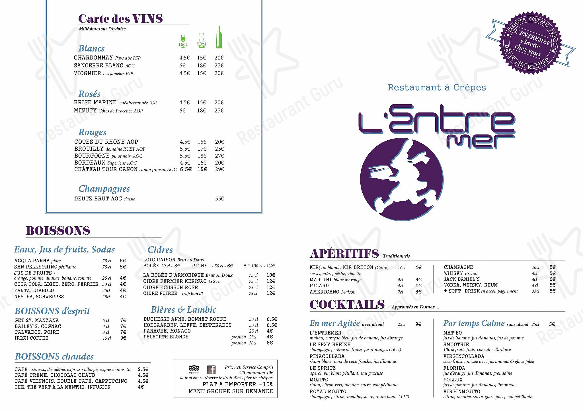 Dinner Menu pour L'Entre mer - Restaurant Rueil Malmaison dans Rueil-Malmaison