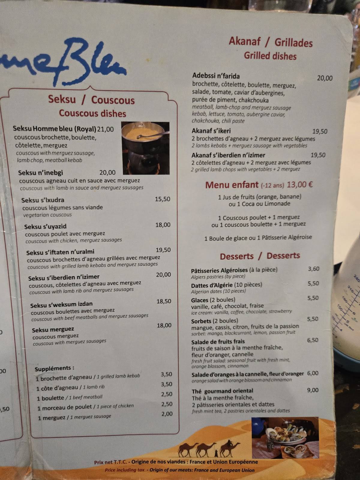 Menu de L'Homme Bleu