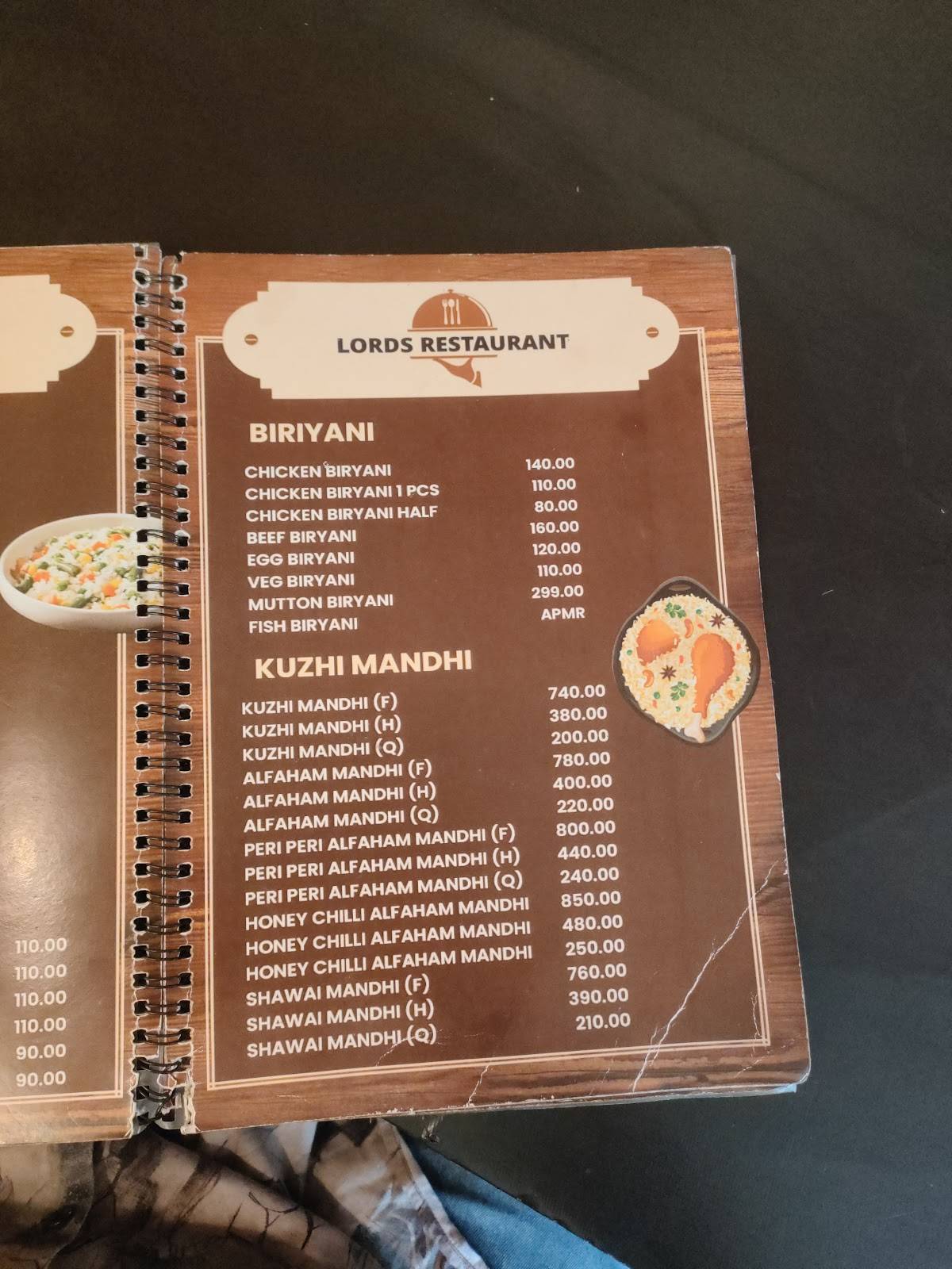 LORDS RESTAURANT menu