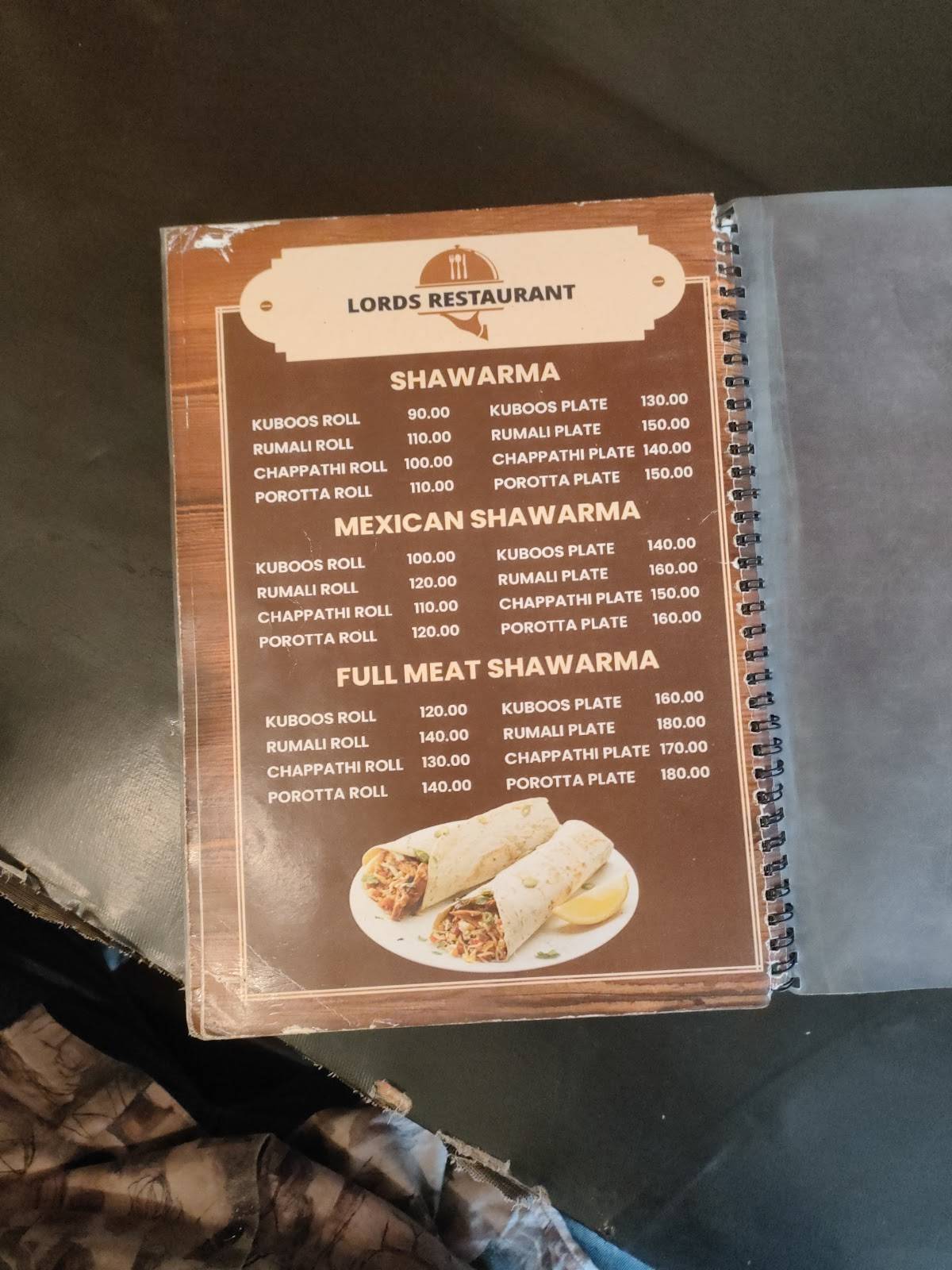 LORDS RESTAURANT menu
