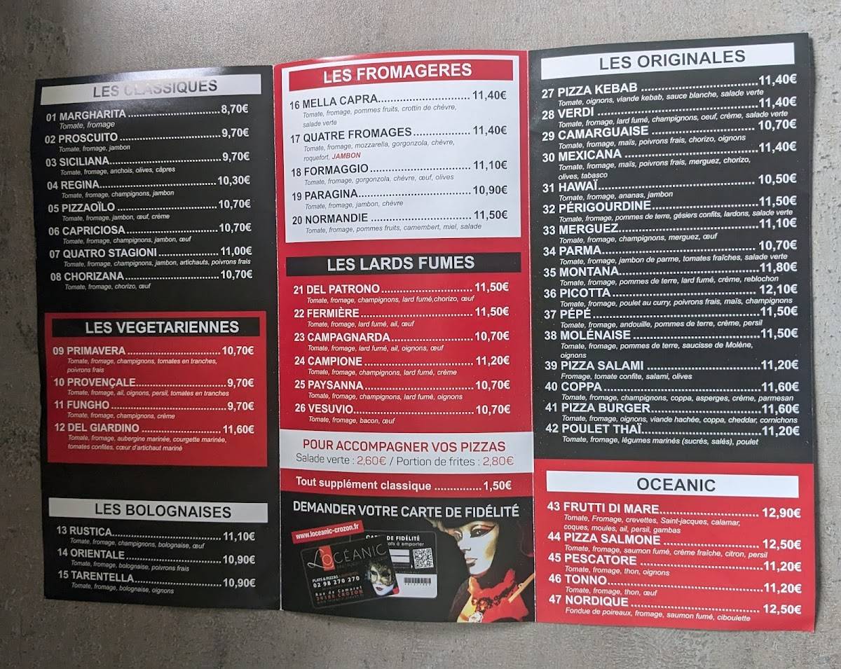 Menu de L'Océanic