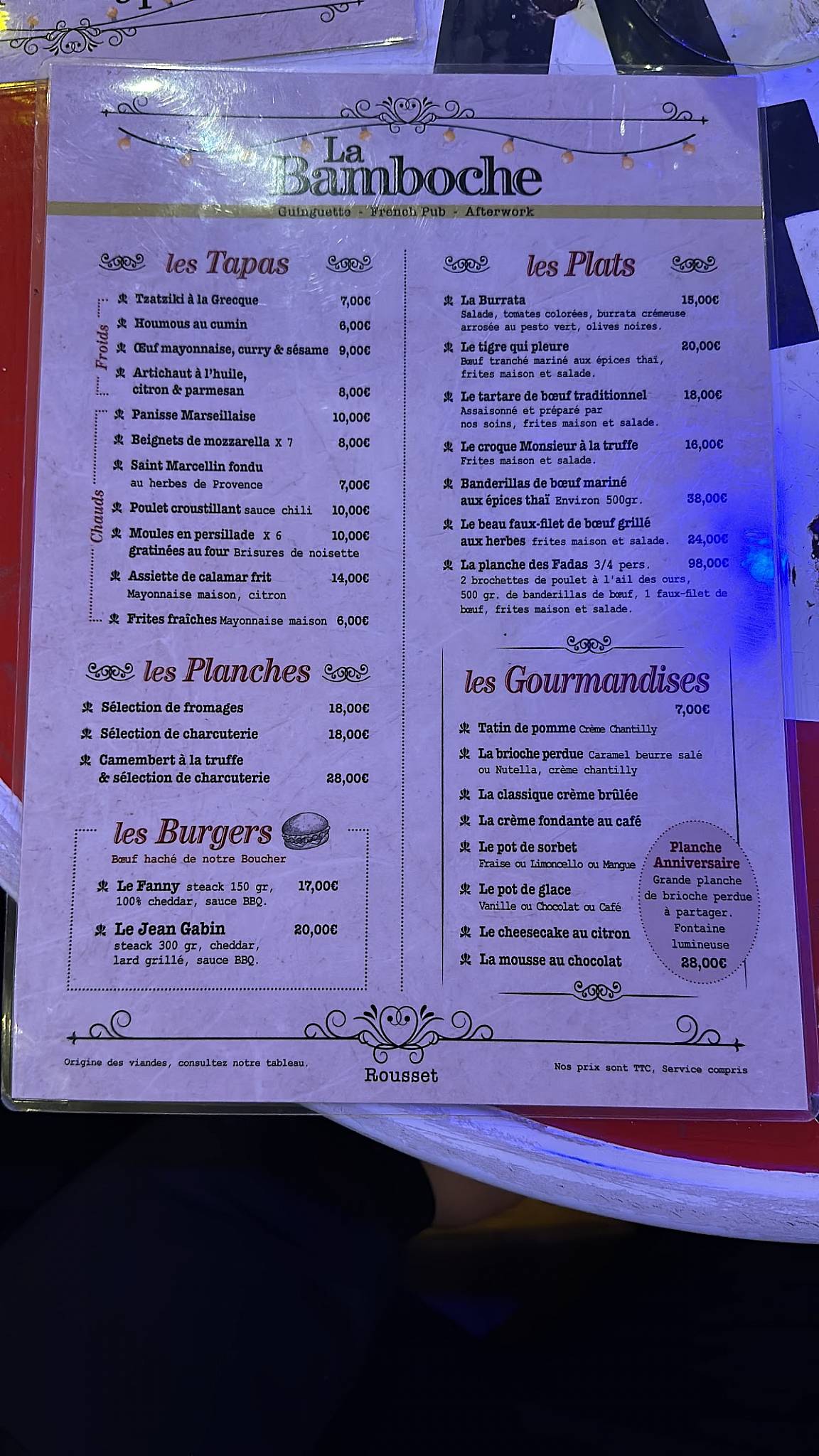 Menu au La Bamboche restaurant, Rousset