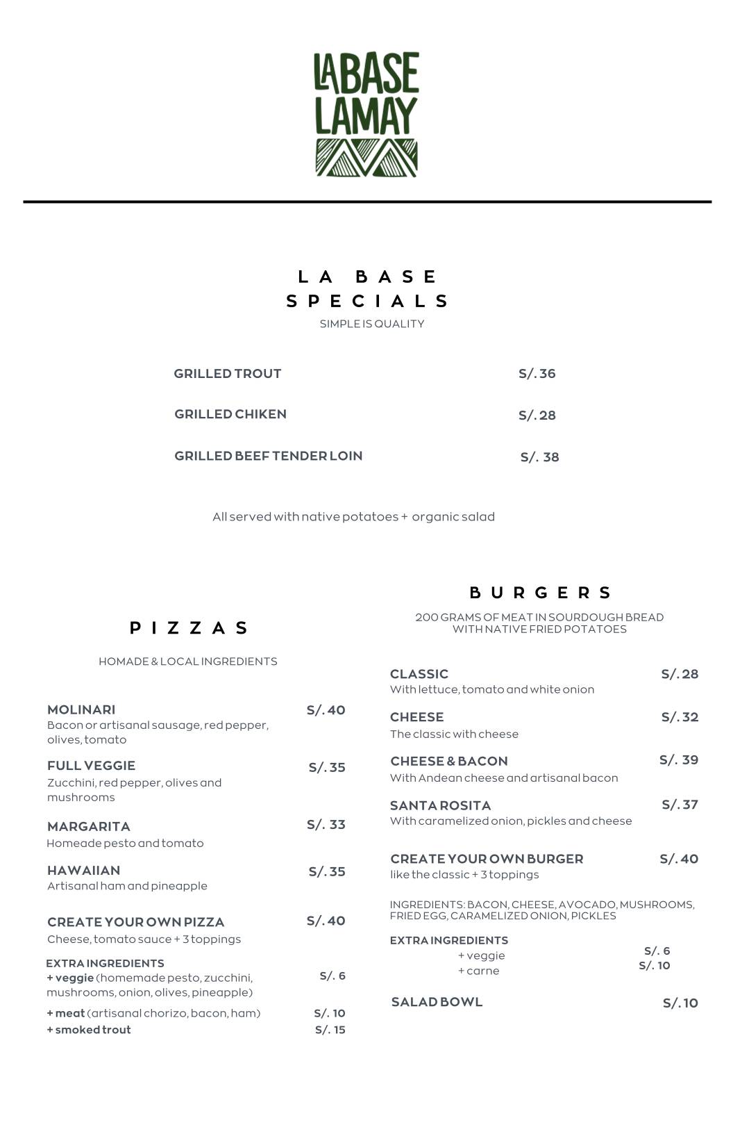 Carta del restaurante La Base Lamay, Lamay