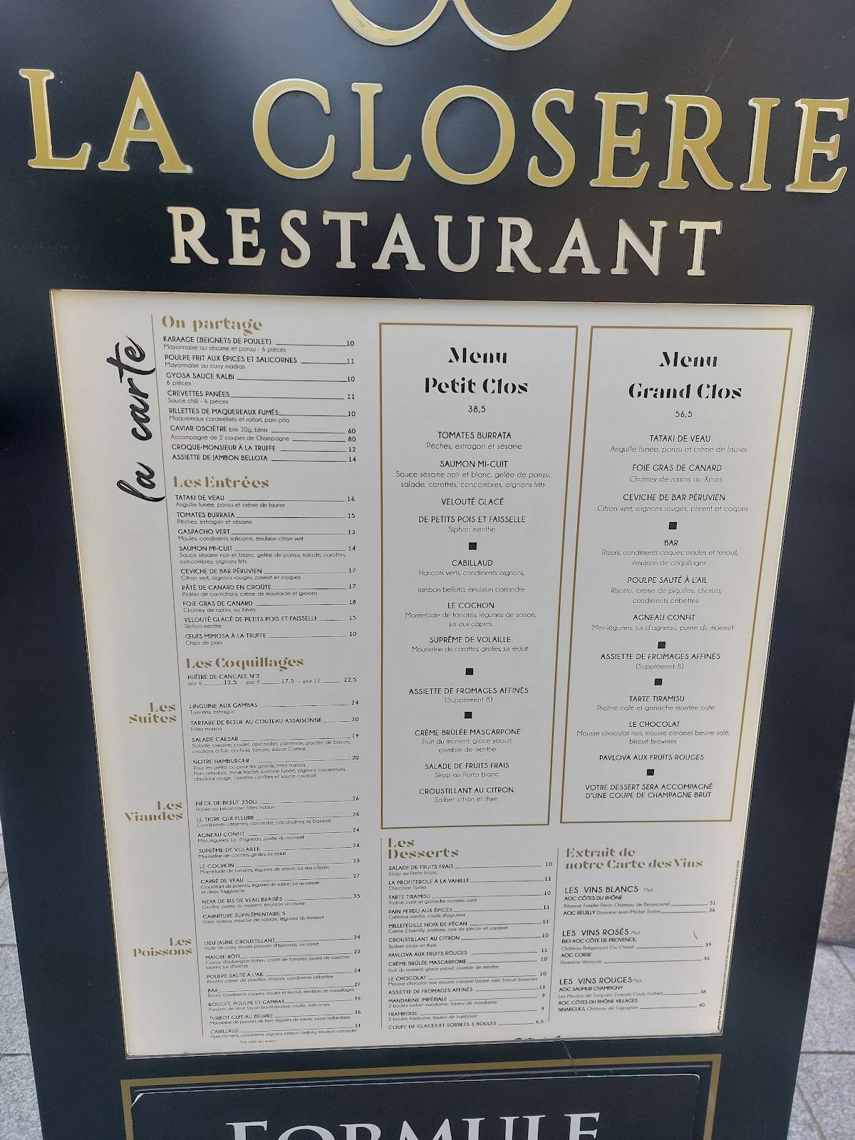 Menu de La Closerie