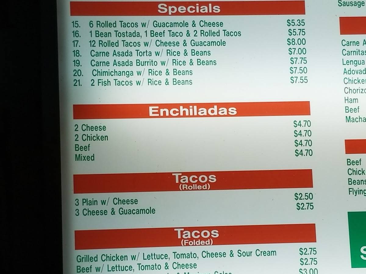 Menu at Lucy's Tacos restaurant, La Junta