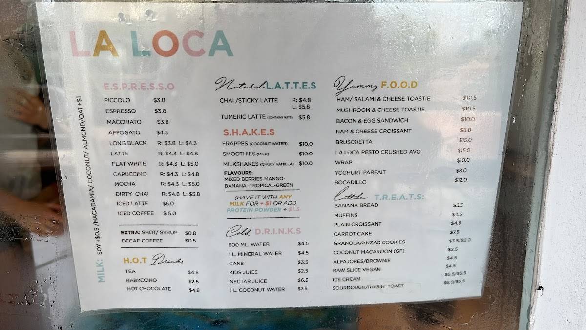 Menu at La Loca Cafe, Queenscliff