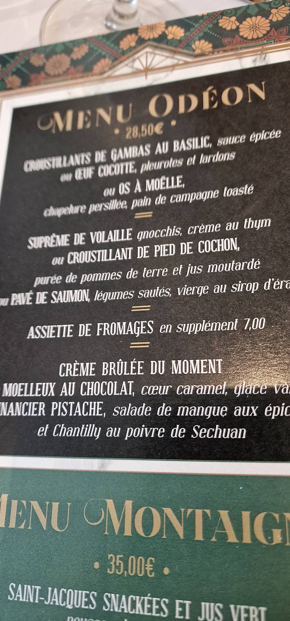 Menu de La Parisienne