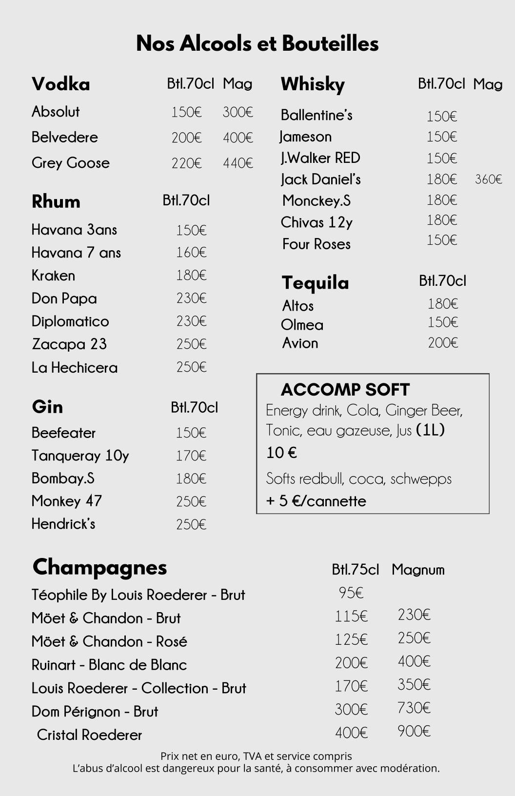Menu de La Rêverie Bastille