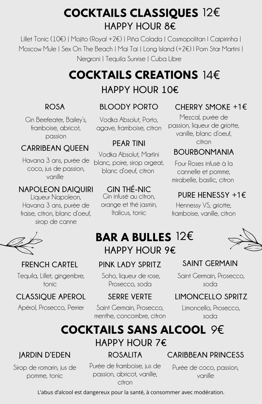 Menu de La Rêverie Bastille