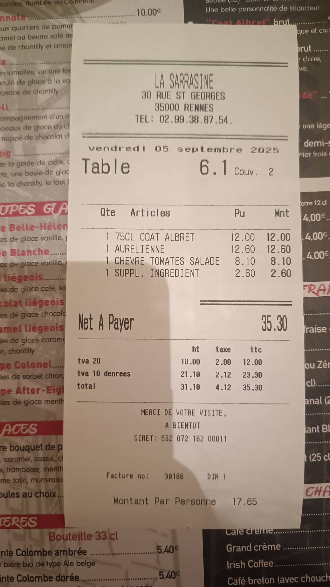 Menu de La Sarrasine