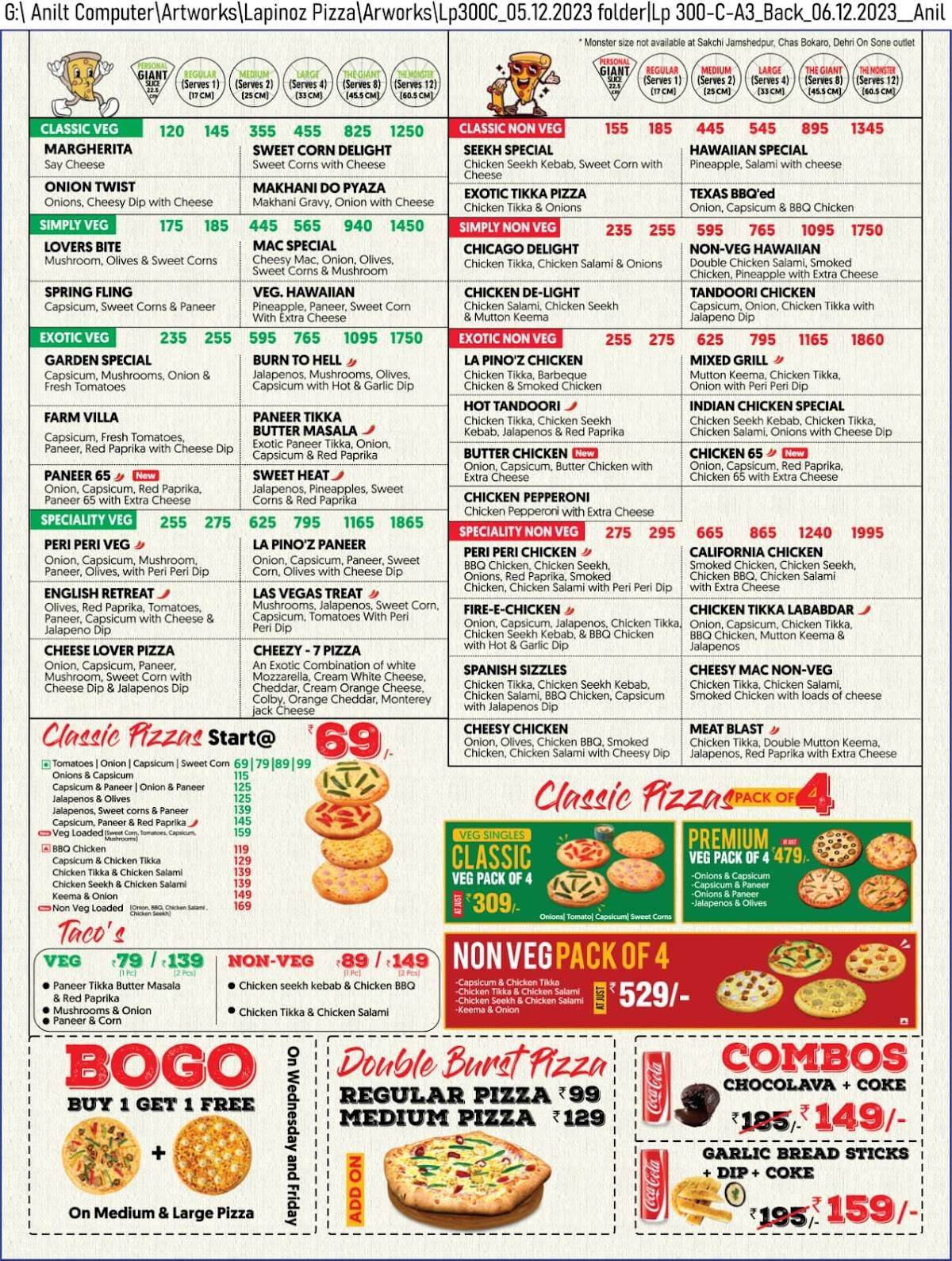 La pino'z pizza menu