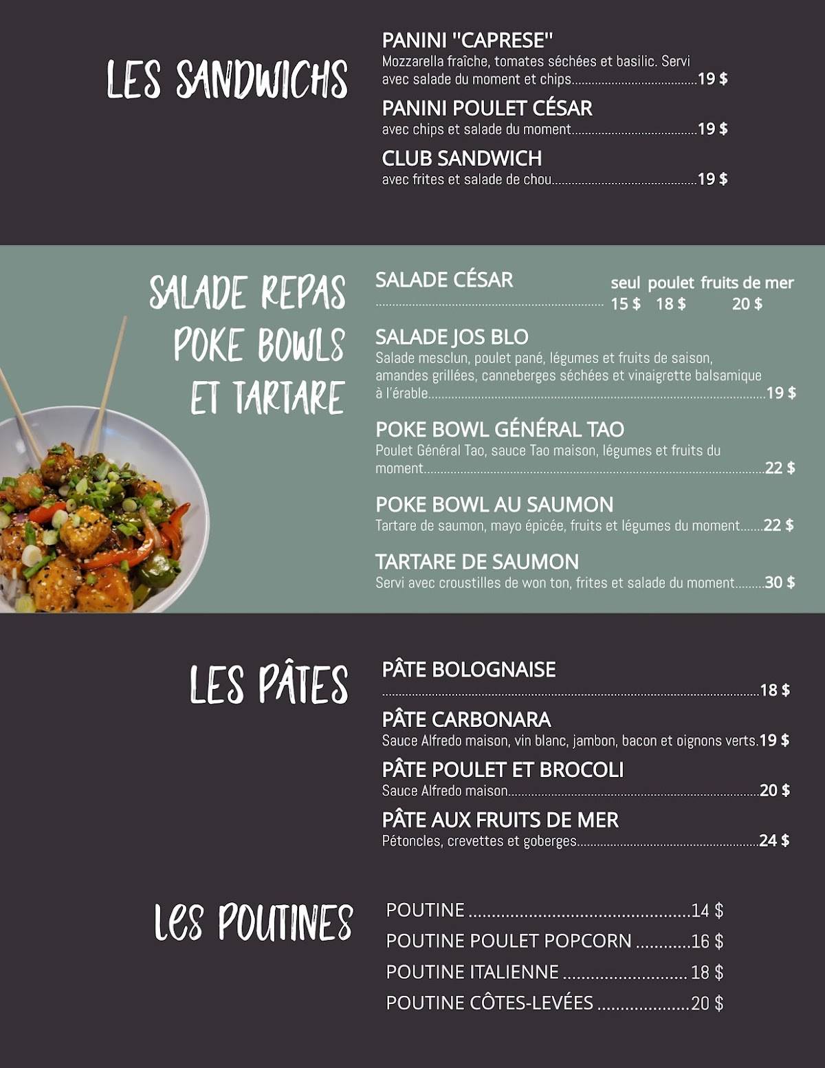 Menu au Restaurant Bistro Jos Blo, LacEtchemin