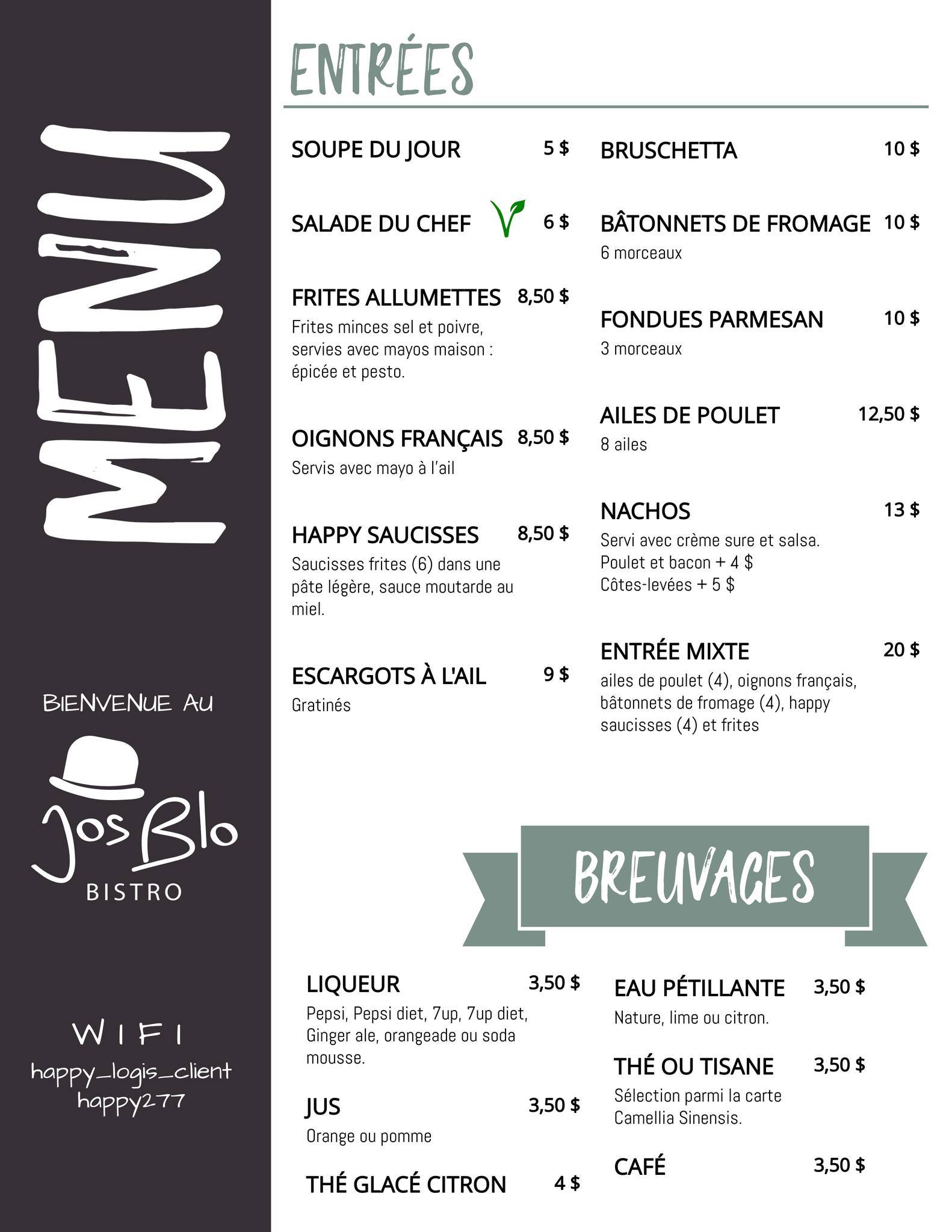 Menu au Restaurant Bistro Jos Blo, LacEtchemin