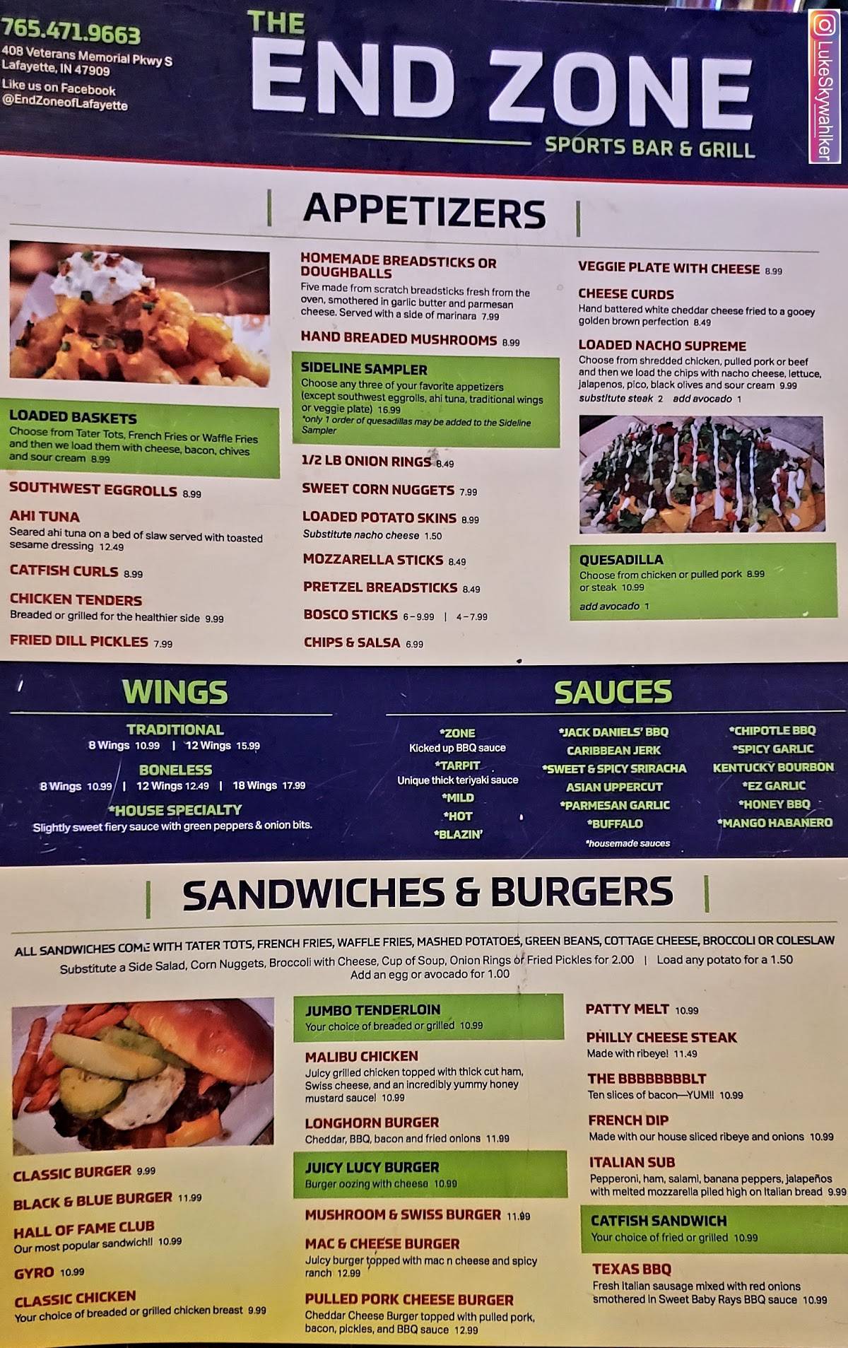 Menu at The End Zone Sports Bar & Grill, Lafayette