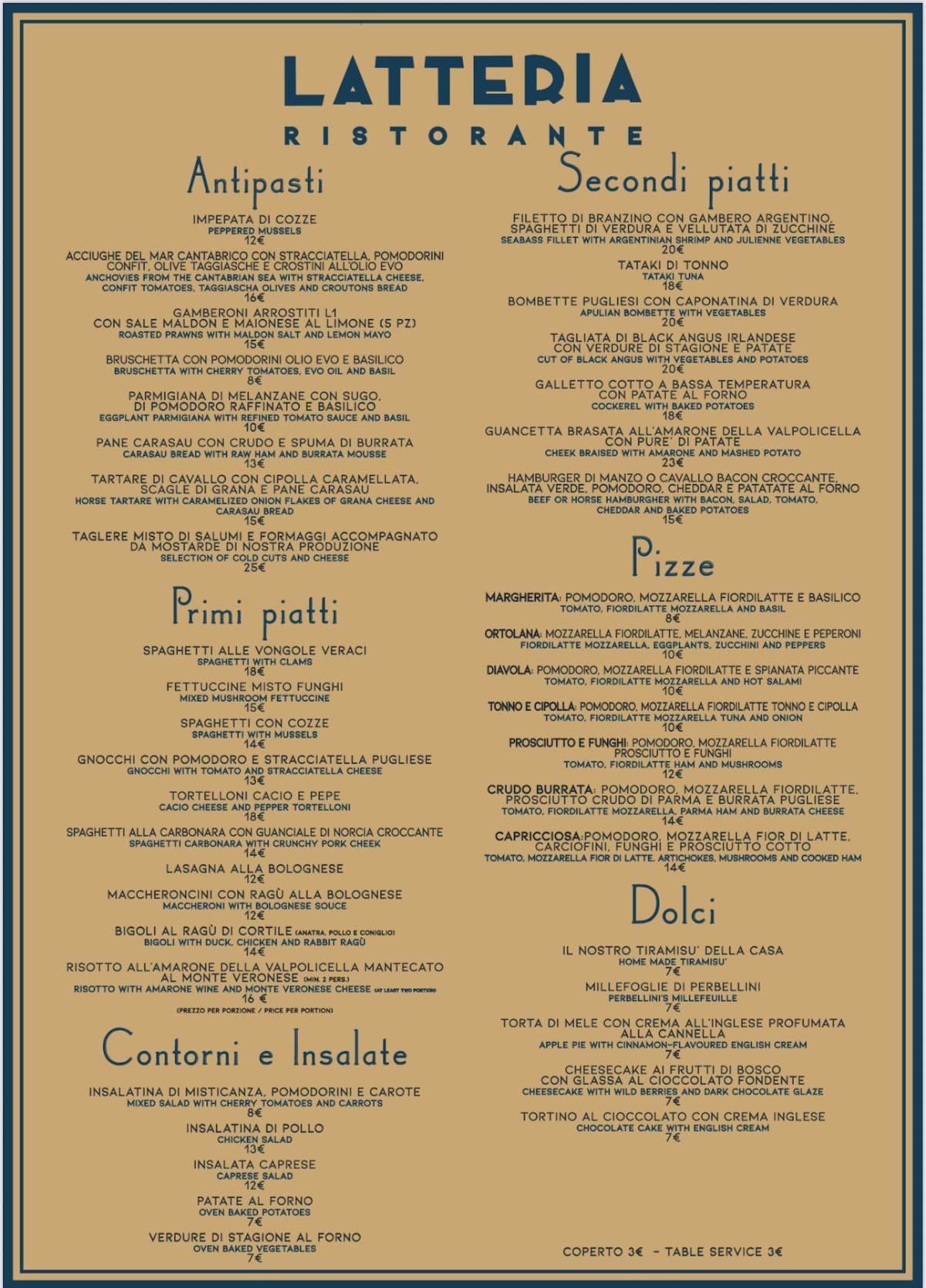 Menu di Latteria Verona ristorante 