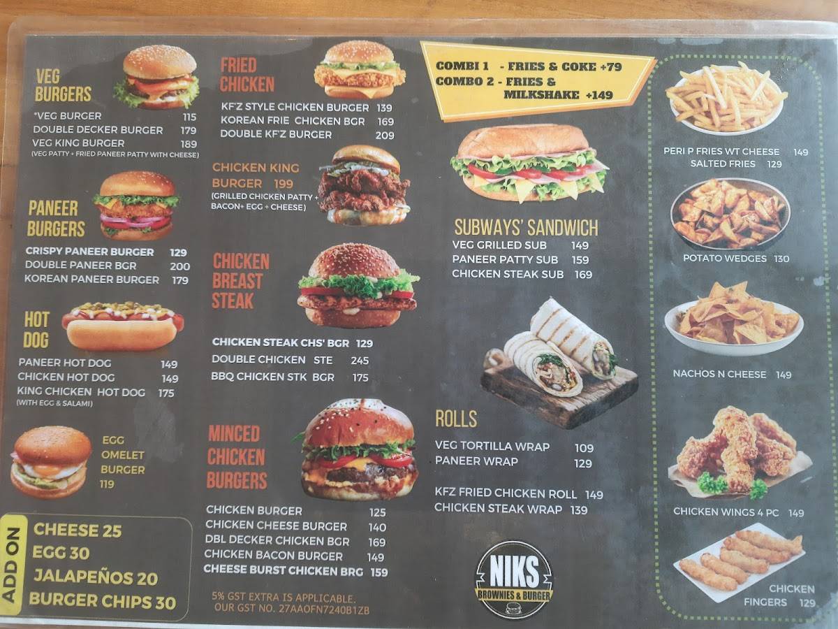 Niks Brownies & Burger menu