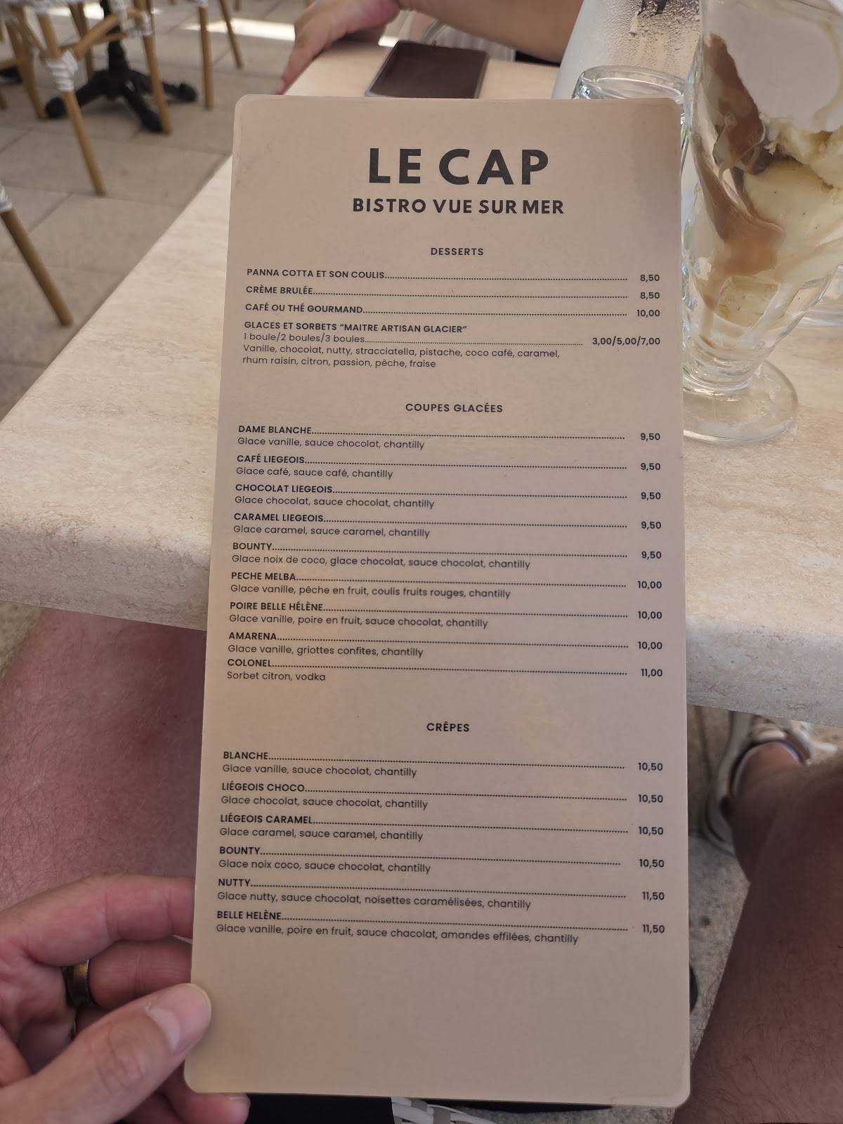 Menu de Café des Baigneuses (anciennement Le Cap) - Moulleau