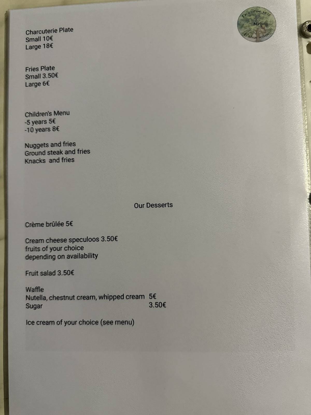 Menu de Bar Restaurant Le Chêne Vert