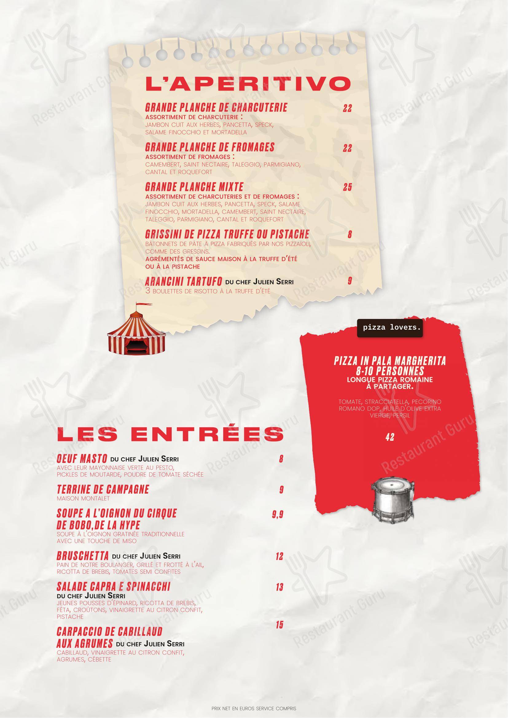 Menu pour Le Cirque - Beaubourg restaurant