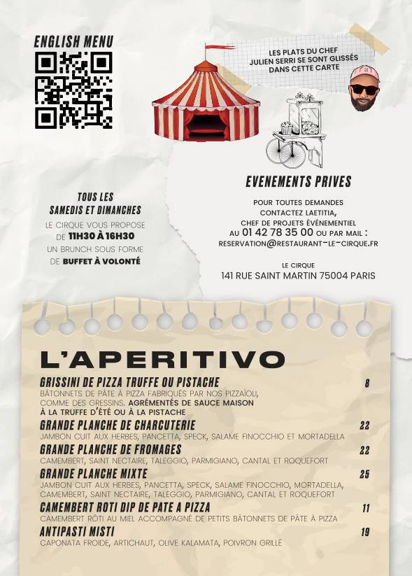 Menu de Le Cirque - Beaubourg