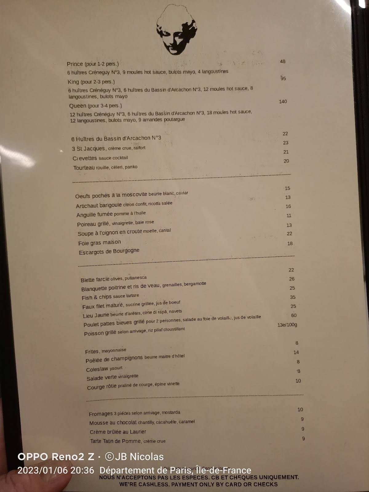 Menu au Le Collier de la Reine restaurant, Paris